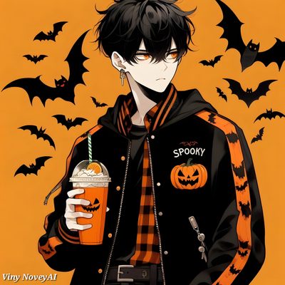 an anime character holding a drink in front of bats Halloween Anime Boy Cute Profile Pictures Halloween, Halloween Pfps For Boys, Halloween Profile Pics Anime, chocolate