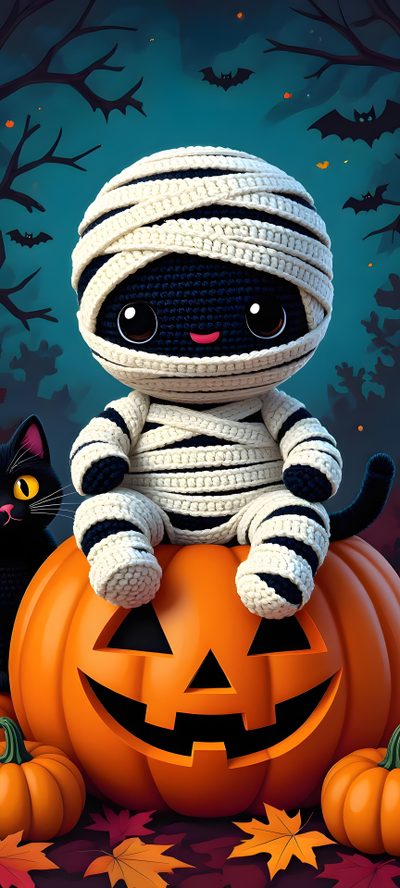 a black cat sitting on top of a pumpkin with a white bandaged headdress Halloween Mummies Mummy, Happy Halloween Crochet, Halloween Amigurumi, Egyptian Goddess Art, dark slate gray