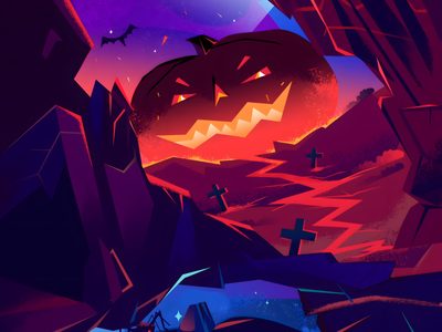 an illustration of a halloween scene with pumpkins and bats in the sky, on a purple background Halloween Gift Halloween Effects, Animated Halloween Background Gif, Halloween Animation Ideas, midnight blue