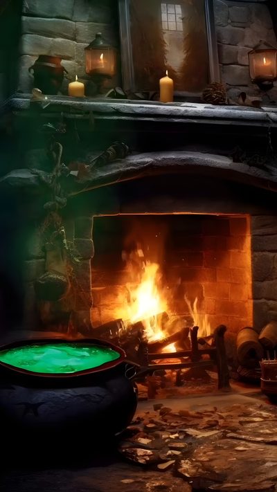 a fire in a fireplace with lots of lit candles Halloween Fireplace Halloween Fireplace Gif, Halloween Moving Background, Moving Halloween Gif, black