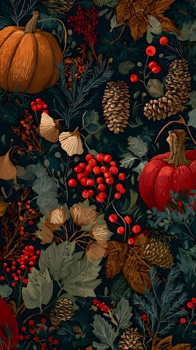 an image of a fall wallpaper with pumpkins and berries Halloween Botanical Cabin, Baby Nursery, Iphone Lockscreen, Printed Candles, Witchy, Band, black