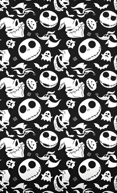 a black and white background with skulls and jack skellingy faces Cute Halloween Jack Skellington Nbc Background, Oogie Boogie, Nightmare Before Christmas Phone Background, black