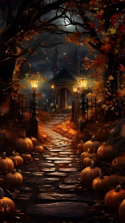 an image of a halloween scene with pumpkins Live Halloween Iphone Autumn Outdoor Party Ideas, Autumn Pumpkin Pathway Decor, Halloween Decoration Inspiration, black