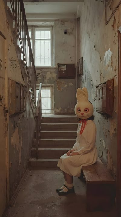 a teddy bear sitting on top of a wooden bench next to a set of stairs Weirdcore Halloween Surrealism Scary, Strange Aesthetic, Liminal Monsters, dark olive green