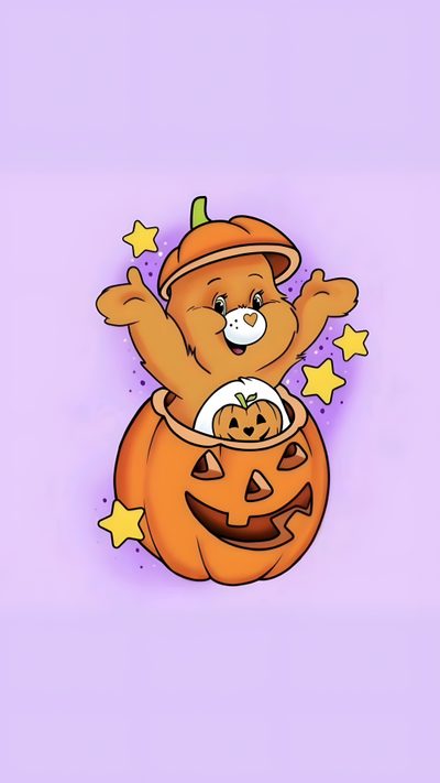 a teddy bear in a pumpkin costume with stars on it's head and arms Halloween Care Bear Pumpkin Bear, Care Bear Fall, Carebear Halloween, Care Bear Halloween, thistle
