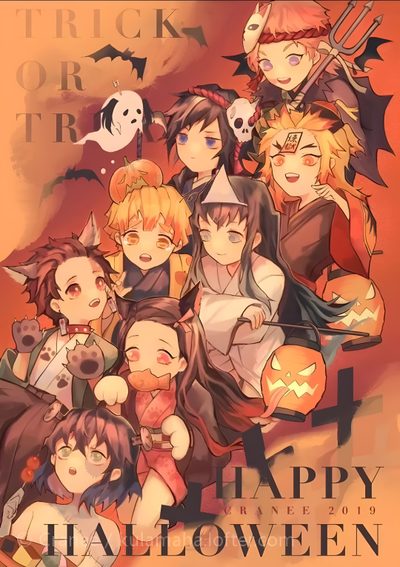 a group of people in halloween costumes with bats and pumpkins on the background, text reads trick or treat happy halloween Demon Slayer Halloween Tanjiro Friends, Demon Slayer Halloween Backgrounds, Demon Slayer Halloween, indian red