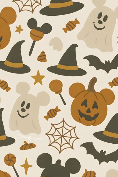 mickey mouse halloween wallpaper with pumpkins, bats and ghost heads on it's white background Aesthetic Cute Disney Halloween Iphone Fall, Disney For Iphone Aesthetic, Halloween, light gray
