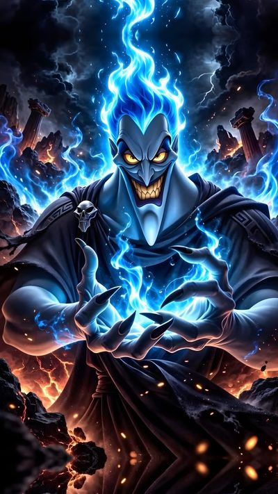 an evil villain with blue hair and glowing eyes Halloween Villains Heroes And Villains, Disney's Hercules, Super Villain Design Concept Art, dark slate gray