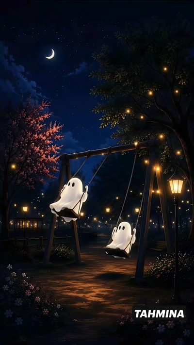 two ghost swings at night with lights on the trees and moon in the sky behind them Halloween Samsung Live, Halloween Art, Ghost, Halloween, black