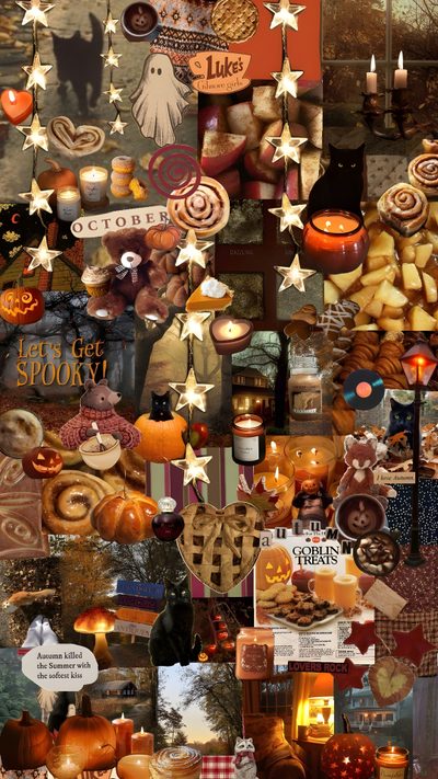 a collage of many different types of food and drink items in the shape of pumpkins Autumn Aesthetic Halloween Collage Fall Cozy Background, Fall Cozy, Halloween Vibes, saddle brown