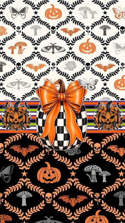 an orange bow sits on top of a black and white wallpaper with pumpkins Halloween Trellis Ikat Custom Composition Notebook Covers, Halloween Backdrop, Composition Notebook, peru