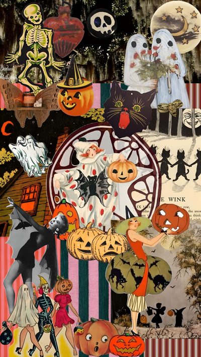 halloween collage with pumpkins, jack - o'- lanterns and ghost faces Vintage Halloween Collage Halloween Junk, Halloween Witch Collage, Diy Halloween Collage, Halloween, sienna