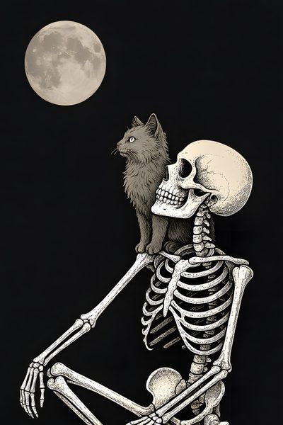 a cat sitting on top of a skeleton in front of a full moon with its head turned to the side Halloween Skeleton Cat Cats And Skeletons, Cat Skeleton Sitting, Cat With Skeleton, Skeleton Friends, black
