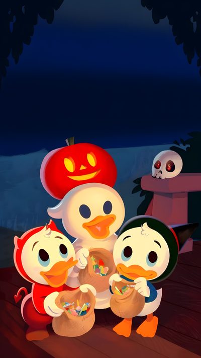 two little birds are standing next to each other in front of an apple and pumpkin Ducktales Ghosts Of Halloween Donald Duck Trick Or Treat, Disney Halloween Laptop, Disney Fall Desktop, black