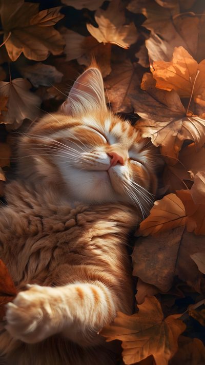 an orange and white cat laying on top of leaves Orange Cat Halloween Gatos Siameses, Cute Kittens, Animal Portraits Art, Sleepy Cat, saddle brown