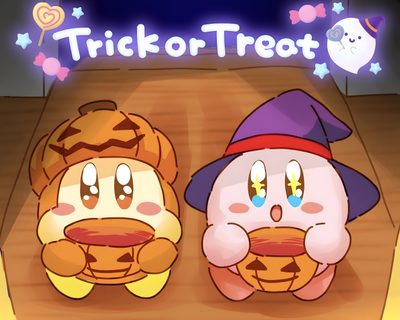 two cartoon characters sitting next to each other in front of a trick or treat sign Kirby Halloween 4k Kirby Waddle Dee, Kirby Lantern, Kirby Halloween, Nintendo Halloween, indian red