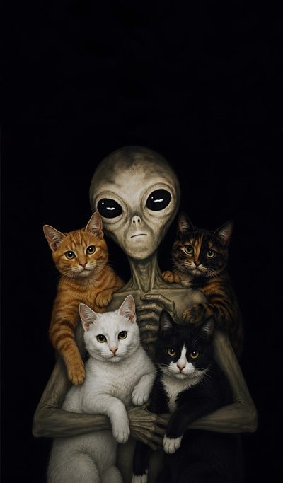 an alien with four cats sitting in front of it's face and the cat is looking at the camera Alien Halloween Ufo Iphone, Alien With Cat, Ufo Aliens, Martian Alien, Cats And Aliens, Stay Weird, black
