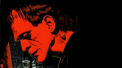 a painting of two people kissing each other in front of a red wall and black background Frankenstein Halloween Goth Laptop Aesthetic, Frankenstein Banner, Horror Computer, Pc Vintage Retro, black