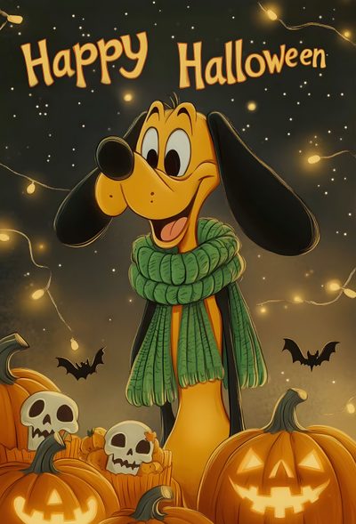 a cartoon dog wearing a green scarf with pumpkins in front of him and the words happy halloween written on it Pluto Halloween Brand Identity, Branding, Halloween Disney, Disney Halloween 2025, dark olive green