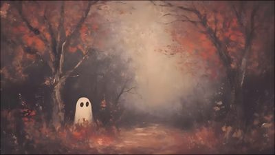 a painting of a white ghost in the middle of a forest with trees and leaves Halloween Evening Custom Cartoon Fall Background, Halloween Fireplace, Fall Backgrounds, dim gray