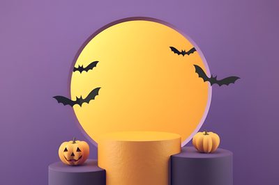 two pumpkins sitting on top of pedestals with bats flying around Halloween Podium Halloween Podium, Orange Podium, Yellow Pumpkin On Purple Background, gray