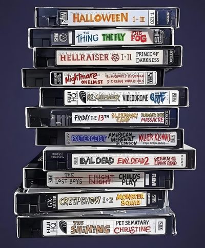 the cassettes are stacked on top of each other in different colors and sizes, Vhs Halloween Vintage Horror Movie Tape Art, Vhs Halloween, Horror Vhs Stack, dark slate gray