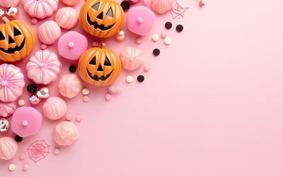 halloween pumpkins and candy on pink background Pink Halloween Computer Pink Halloween Laptop, Pink Fall Computer, Pink Halloween Desktop,