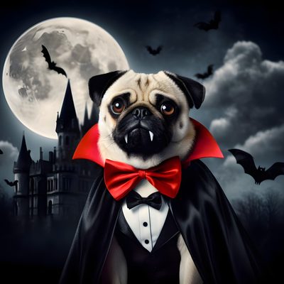 a pug dog dressed up as dracula in front of a full moon Halloween Pug Halloween Pug Images, Halloween Pug Background, Black Pug Halloween,