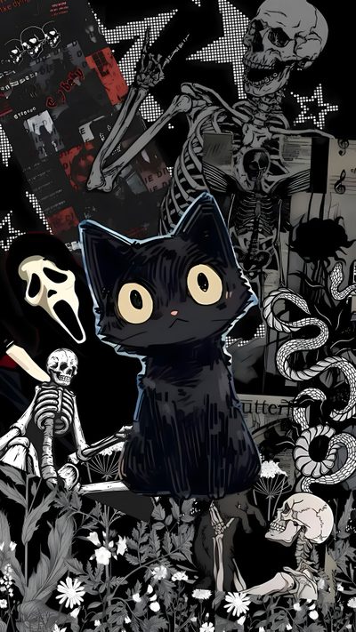 a black cat sitting on top of a pile of skulls next to a human skeleton Lock Screen Edgy Aesthetic Halloween Emo, Goth, Manifesti Grafici, Edgy, Idées Minecraft, Ảnh Bìa, black