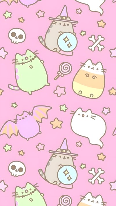 many different types of cats and bats on a pink background with stars, skulls and bones Halloween Cutecore Pusheen Iphone, Halloween Pusheen, Halloween Cutecore, misty rose