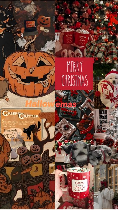 Christmas And Halloween, Christmas Vs Halloween, Halloween Wallpaper, Fall Vibes, Holiday Fun, Cocoa, Black Cat, Halloween, Christmas Halloween Christmas Christmas And Halloween, Christmas Vs Halloween, Halloween, Fall Vibes, saddle brown