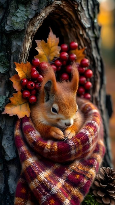 a squirrel is sitting in a tree with berries on it's head and scarf around its neck Squirrel Halloween Cute Autumn Animal Pictures, Fall Animal Pictures, Autumn Animals Pictures, dark olive green