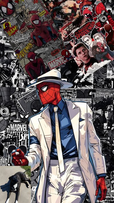 a man in a suit and tie with spider - man on his back, surrounded by stickers Halloween Spiderman Super Hero, Rich Spiderman, Spider Man Michael Jackson, Action Figure, Spiderman, dim gray