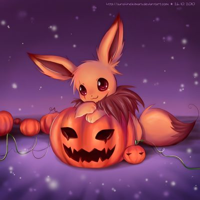 a cute little bunny sitting on top of a pumpkin Eevee Halloween Eevee Pumpkin, Pokemon Halloween Background, Eevee Halloween, Eevee Cute, dim gray