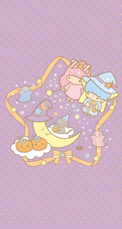 an image of some cartoon characters on a purple background with stars and moon in the sky Little Twin Stars Halloween Little Twin Stars Moon, Little Twin Stars Halloween, Twin Stars Halloween, thistle
