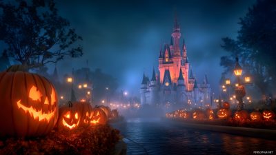 the castle is lit up at night with pumpkins Disney Halloween Desktop Halloween Pc Background, Disney Halloween Pc, Disney Halloween Zoom Background, dark slate gray