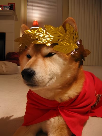 a dog wearing a red dress and gold headpiece sitting on the floor in front of a fire place Shiba Inu Halloween Dog Toga Costume, Shiba Inu Cerberus, Shiba Inu Dressed Up, Shiba Costume, saddle brown