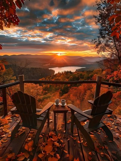 two adiron chairs sitting on top of a wooden deck overlooking a lake at sunset Halloween Sunrise Red Cabin Fall Scenery, Rustic Cabin In Autumn Sunset, Autumn Cabin View, saddle brown