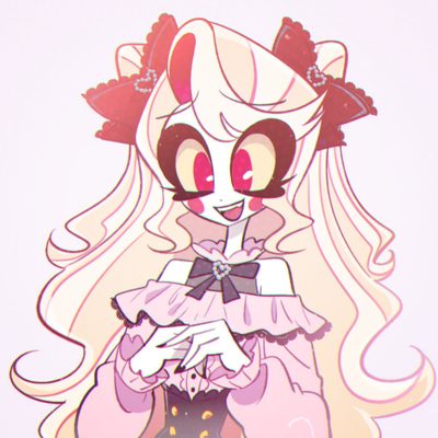 a drawing of a girl with long hair wearing a pink dress and holding a cell phone Happy Halloween Charlie Charlie Icon, Charlie Morningstar Fanart, Charlie Morningstar Icon, lavender blush