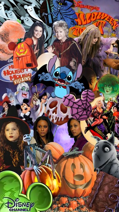 the characters from disney's halloween movies are depicted in this collage with pumpkins and Disney Channel Halloween Halloween Iphone Backgrounds, Disney Channel Halloween, Disney Halloween Movies, dark olive green