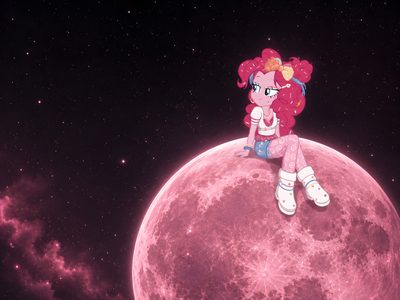a pink pony sitting on top of a large moon in the night sky with stars Pinkie Pie Halloween Pinkie Pie Pfp, Pinkie Pie, Pie, black