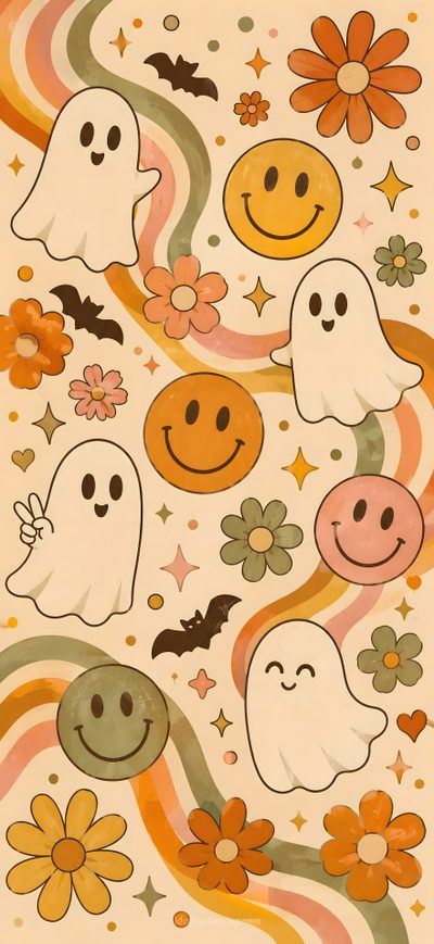 an image of halloween ghost stickers on a white background with flowers and stars around them 70s Halloween Vintage Halloween Art, Halloween Iphone Backgrounds, Halloween Iphone, Pink Pumpkins, wheat