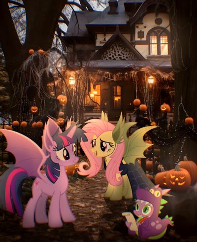 three ponies in front of a house with pumpkins on the ground and trees Halloween Pony Halloween Mlp Pfp, Twilight Sparkle Halloween, Mlp Halloween Matching Pfp, dark slate gray