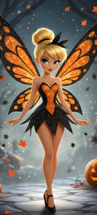 a cartoon character dressed as a fairy with orange and black wings Tinkerbell Halloween Tinker Bell Pictures, Tinkerbell Tinker Fairy, Tinker Bell Halloween, dim gray