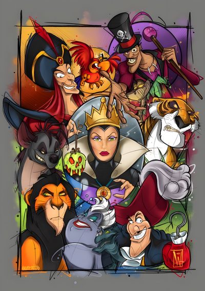 an image of many cartoon characters together Halloween Disney Villains Villains Clipart, Disney Villains Artwork, Villains Tattoo Disney, dim gray