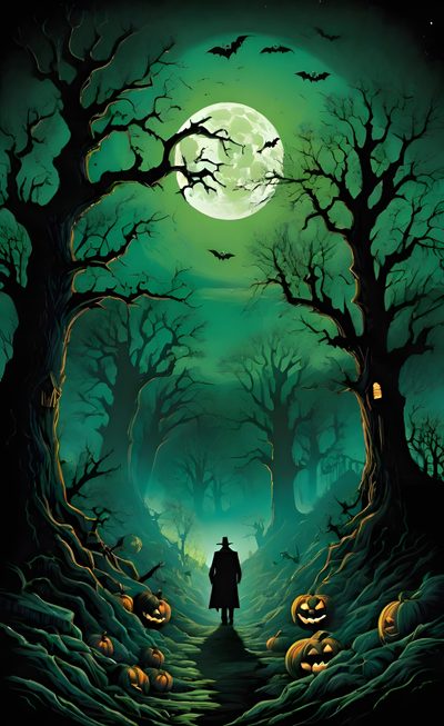 a painting of a man walking through a forest at night with pumpkins on the ground Green Halloween Dark Green Halloween, Spooky Green Halloween, Full Moon Halloween, dark slate gray