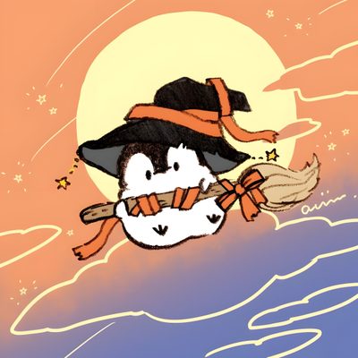 a penguin flying in the sky with a witch hat on Penguin Halloween Christmas Penguin Pfp, Penguin Fall Gif, Halloween Penguin Pfp, dark salmon