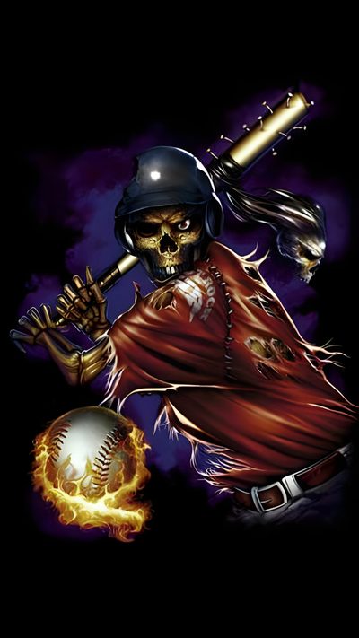 a painting of a baseball player holding a bat and ball in his hand with flames coming out of it Baseball Halloween Skull With Baseball Bats, Baseball Skull Tattoo, Freddy Vs Jason Images, black