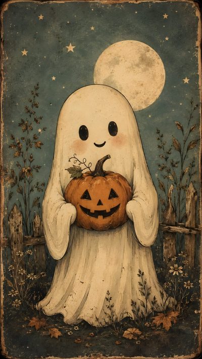a painting of a ghost holding a pumpkin Rustic Halloween Photo Halloween, Halloween Labels Printable, Happy Halloween Pictures, dark olive green