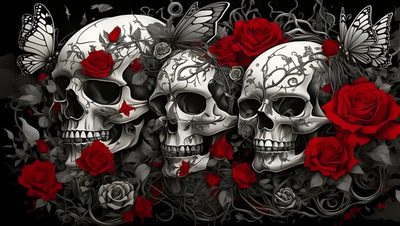 three skulls with red roses and butterflies on their heads, all in different colors scheme Halloween Skull For Desktop Skull Roses, Skull Laptop, Skull Cover Photo, Skull Facebook Cover Photos, black